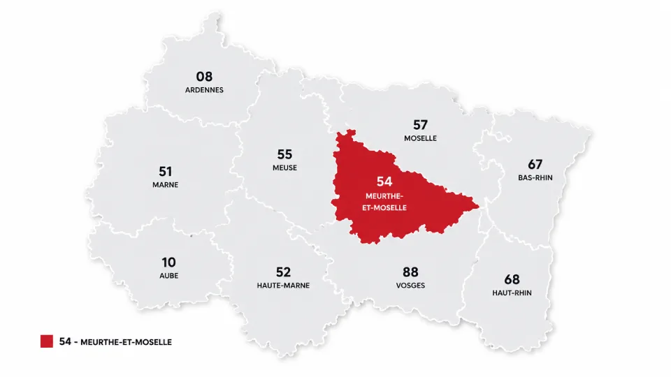 Carte des départements du Grand Est avec la Meurthe-et-Moselle en surbrillance
