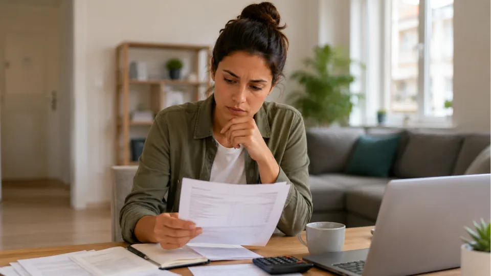 Locataire examinant avec attention un document financier à son domicile