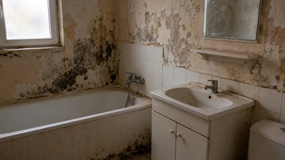 Salle de bain insalubre avec moisissures sur les murs, illustrant un logement indécent