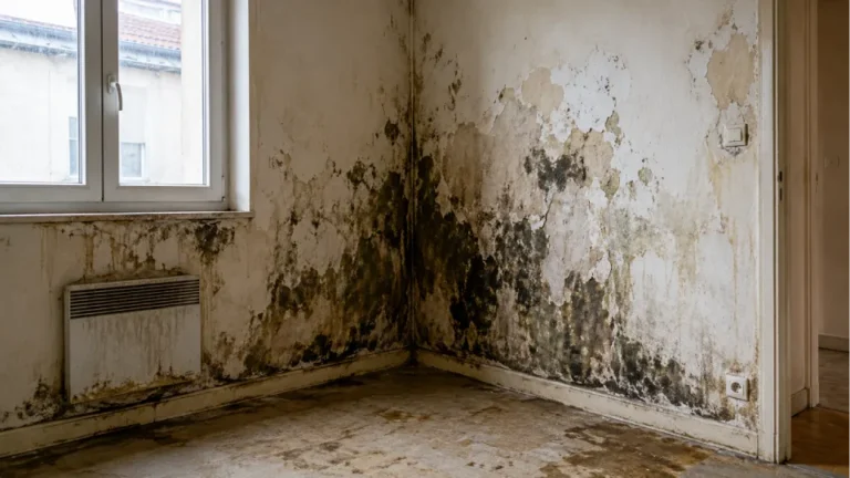 Mur recouvert de moisissures dans un logement insalubre