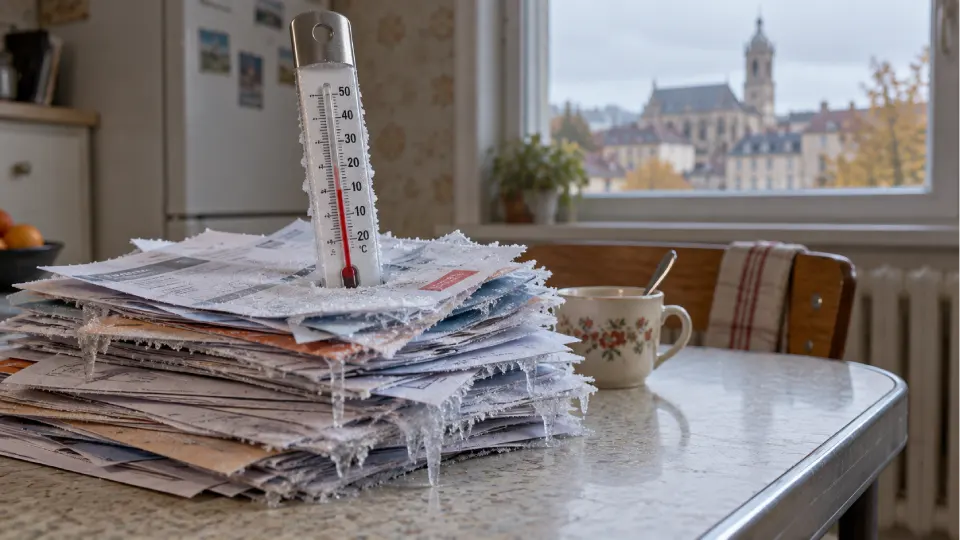 Factures de loyer givrées et thermomètre sur une table de cuisine, symbole du gel des aides au logement
