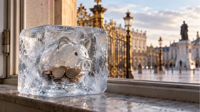 APL gelées en 2027 : une tirelire prise dans la glace devant les grilles de la place Stanislas à Nancy